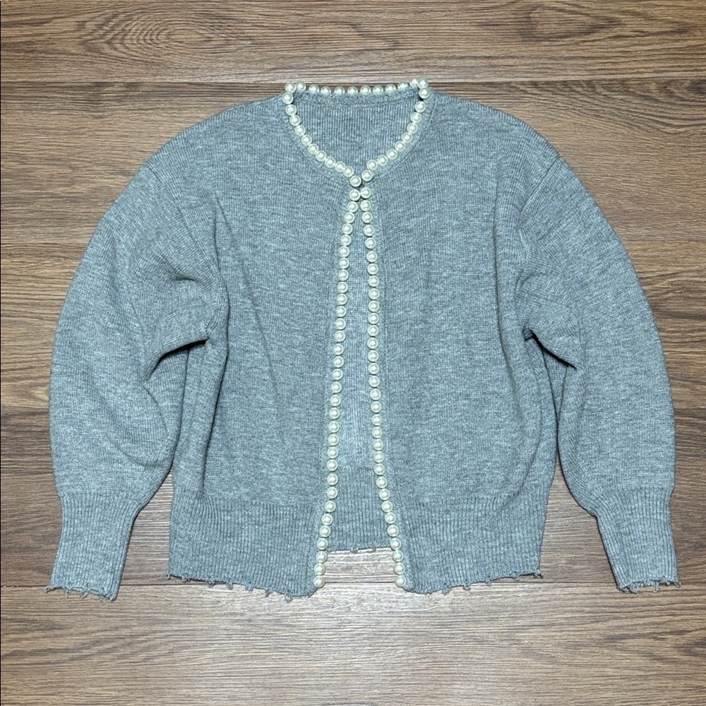 Commense Pearl Trim Ripped Hem Cardigan
